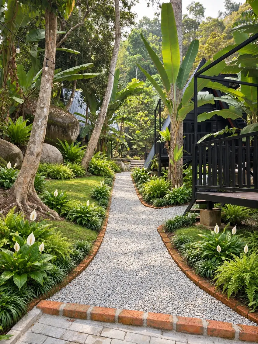A garden pathway through tropical greenery beside the accommodation