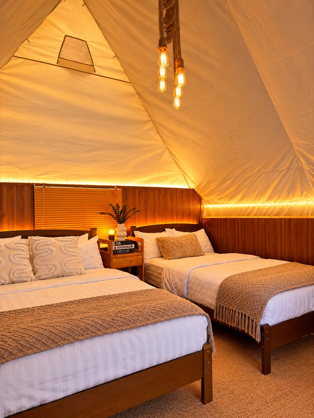 A warmly lit canvas bedroom with two beds and woven furnishings