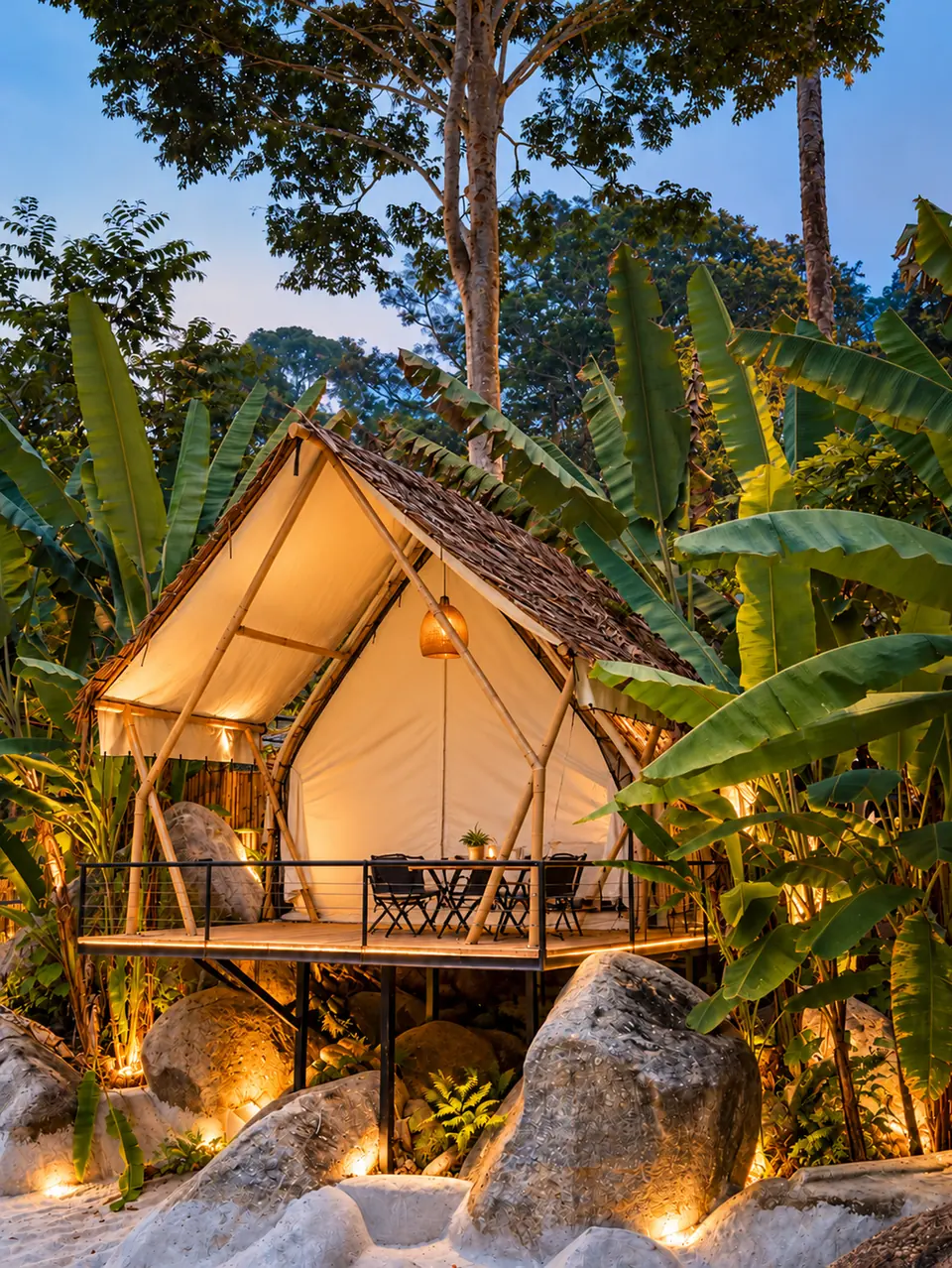 A glamping tent illuminated beneath the trees at dusk