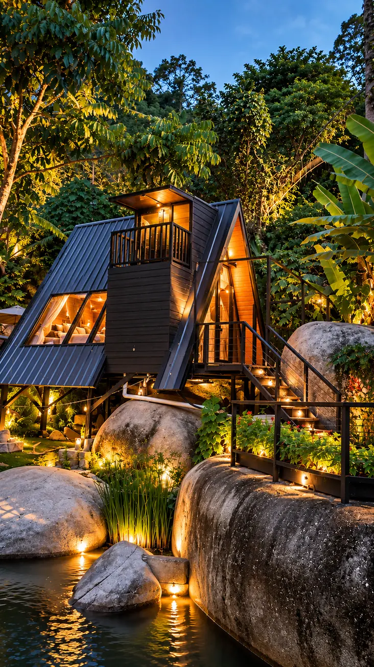 Warmly lit A-frame resort among tropical trees and river boulders at Terra Tara
